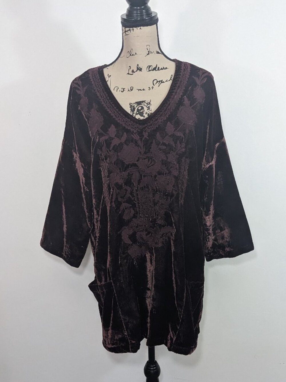 Soft Surroundings Shirt Purple Velvet Embroidered Tunic Pockets Lagenlook L